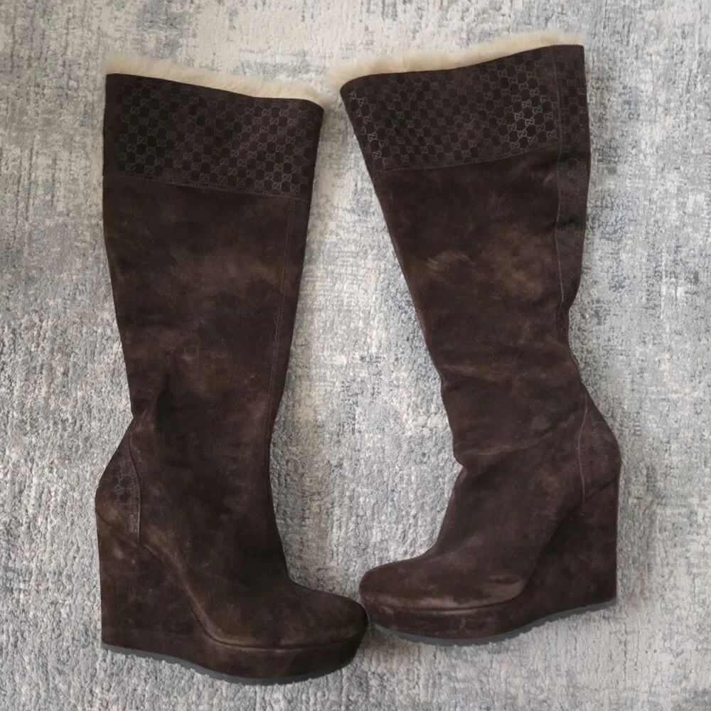 GUCCI MICROGUCCISSIMA BROWN SUEDE SHEARLING Platform KNEE HIGH BOOTS SZ 39